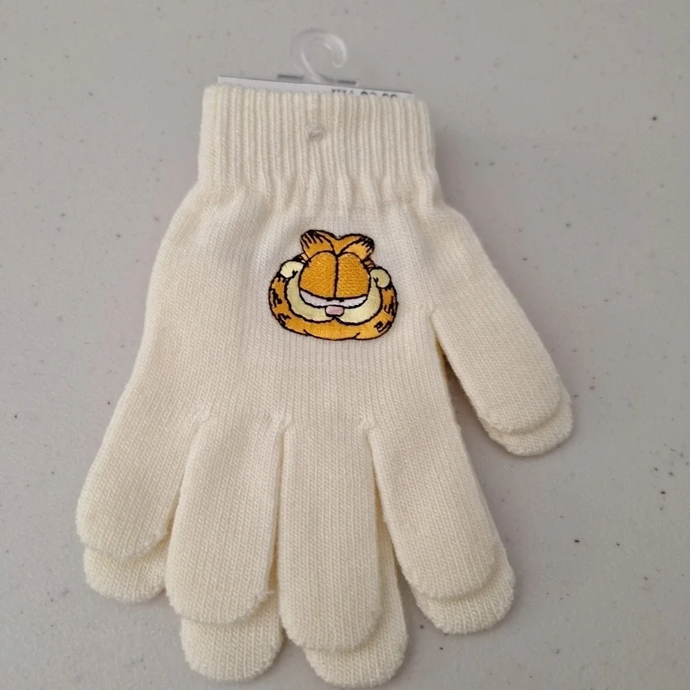 Vintage Garfield Knit Magic Gloves Vintage Embroidered White/Cream One Size NEW